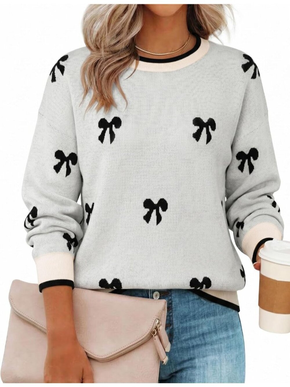Women's Oats Long Sleeve Crewneck Printed Knitted Oversized Pullover Sweaters